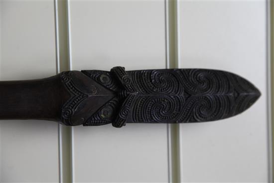 A Maori hardwood taiaha long club fighting staff, 72.5in.